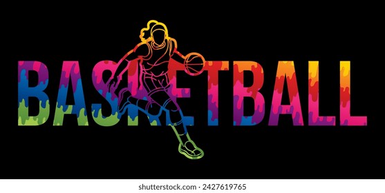 Basketball Female Player Action with Basketball Font Design Cartoon Sport Graphic Vector