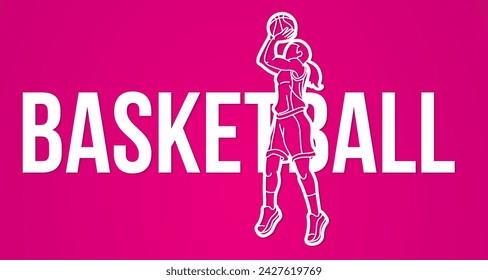 Basketball Female Player Action with Basketball Font Design Cartoon Sport Graphic Vector