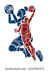 Basketball Female Players Mix Action Cartoon Sport Team Graphic Vector