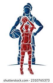 Basketball Female Players Mix Action Cartoon Sport Team Graphic Vector