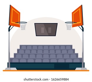 Basketball field, arena, stadium, court with scoreboard on ceiling, two basket hoop and seats in fan sector zone. Empty sport playground. Hall for team games. Vector sportive interior illustration