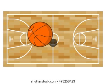 Basketball field and ball. game played between two teams. Orange sphere high
