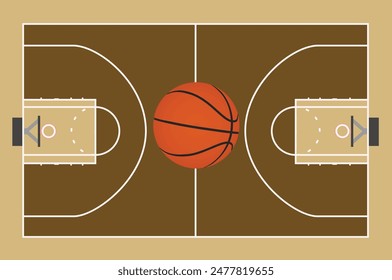 Campo de baloncesto y balón. Vector