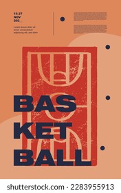 Basketball field. Collection of basketball designs in grunge style, sketch, engraving. Hand drawing. Sports print, cover, template, sports covers, basketball hoop.