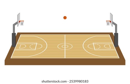 Campo de basquetebol piso com aro e bola conjunto completo. Ilustração vetorial isolada sobre fundo branco.