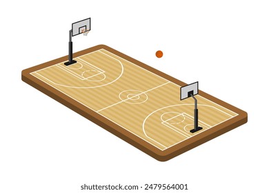 Cancha de baloncesto isométrica con Ilustración vectorial de conjunto de aro y bola aislada sobre fondo blanco.