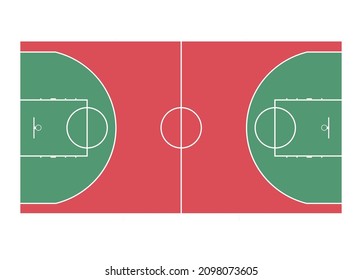 Basketball field layout with markings. Top view. Red and green floor. Vector illustration