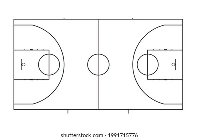 Basketball field layout with markings. View from above. Black and white plan. Vector illustration isolated on white background. Line art style.