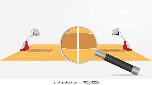Basketball field and magnifying glass. search or analyze concept. vector illustration