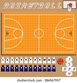 Basketball Field with Marking, Icon Player and Ball. Game set. Applique with realistic shadows. Vector illustration.