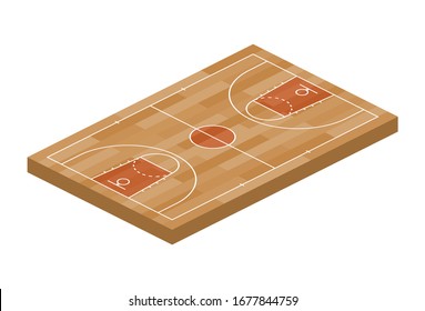 Basketball Field Sport Isometric View for Web, App. Vector illustration of orange field with hoop, isolated on white background. Top view of a court for game design field