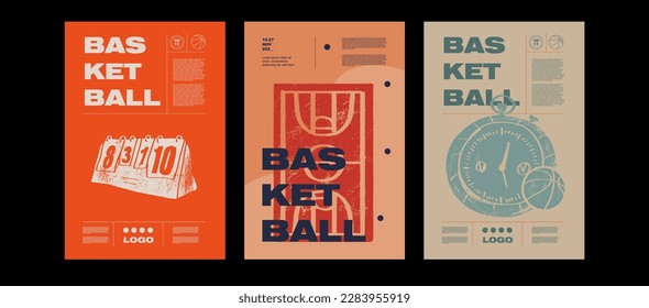 Basketball field, timer, score. Collection of basketball designs in grunge style, sketch, engraving. Hand drawing. Sports print, cover, template, sports covers, basketball hoop.