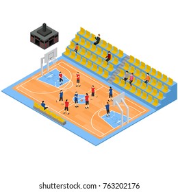 Basketball Field and Tribune 3d Isometric View Playground or Arena for Sport Game, Activity Recreation and Training Concept. Vector illustration