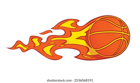 Basketball fire ball flies and burns in air. Vector on transparent background