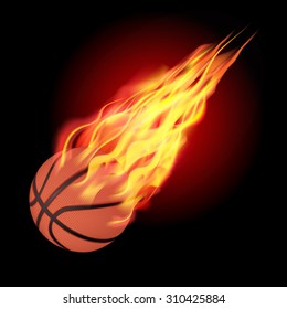 Basketball in fire flying down. Isolated on dark background. Vector illustration