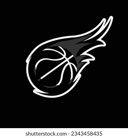 Basketball in fire flying down. Vector Silhouette illustration. Black and White