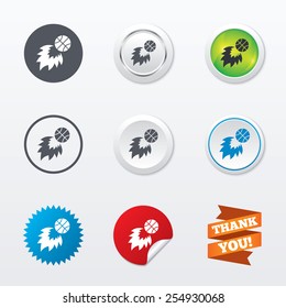 Basketball fireball sign icon. Sport symbol. Circle concept buttons. Metal edging. Star and label sticker. Vector