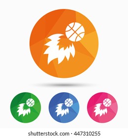 Basketball fireball sign icon. Sport symbol. Triangular low poly button with flat icon. Vector