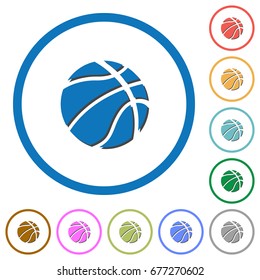 Basketball flat color vector icons with shadows in round outlines on white background