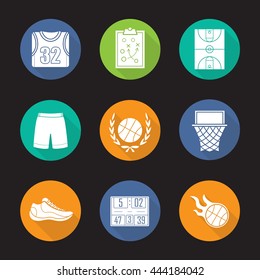 Basketball flat design long shadow icons set. Shirt, shorts and shoe, game plan, field, hoop, burning ball, scoreboard. Basketball equipment. Vector silhouette symbols