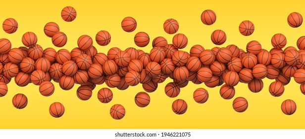 Basketball flying balls. Many orange basketball balls flying over yellow background. Realistic vector background