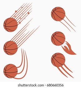 Basketball flying balls set with speed motion trails. Graphic design for sports logo. Vector illustration.