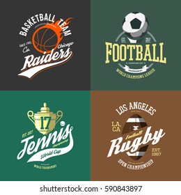 Basketball flying fire ball for chicago team, tennis trophy or bowl cup, soccer or football ball and rugby or american football symbol. T-shirt banner or print, clothing badge.Advertising and branding