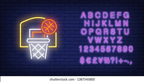 Basketball flying into hoop neon sign. Basketball, win, team game and sport concept. Advertisement design. Night bright colorful billboard, light banner. Vector illustration in neon style.