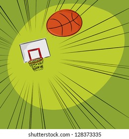 Basketball flying through the air towards a hoop