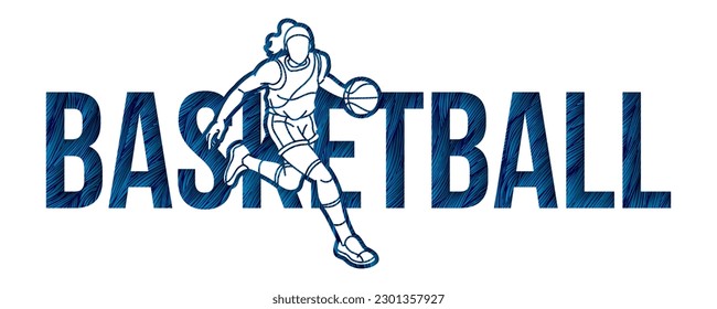 Basketball Font Text Design with Female Sport Player Cartoon Graphic Vector