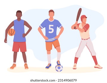 Basketball, football, baseball. Popular sports team games. Men in sportswear, with ball and bat. Vector cartoon male characters engaged in different kinds of sports