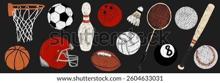 Basketball, football, bowling, billiard, volleyball, baseball ball, badminton racket shuttlecock chalk textured. Pencil kids sports collection. Child hand drawing set. Vector illustration isolated