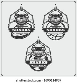 Basketball, football and soccer logos and labels. Sport club emblems with shark.