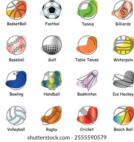 basketball, football, soccer, tennis, billiard, baseball, golf, table tennis, water polo, bowling, badminton, ice hockey, beach ball, cricket, rugby, volleyball, playing balls, sport icons