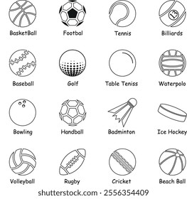 basketball, football, soccer, tennis, billiard, baseball, golf, table tennis, water polo, bowling, badminton, ice hockey, beach ball, cricket, rugby, volleyball, playing balls, sport icons