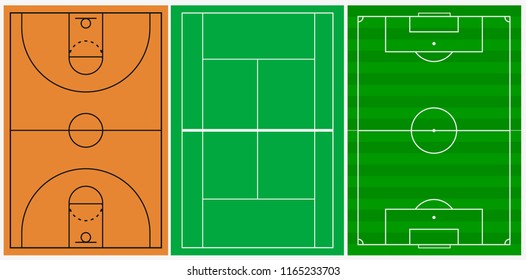 A Basketball, football, tennis court illustration with lines