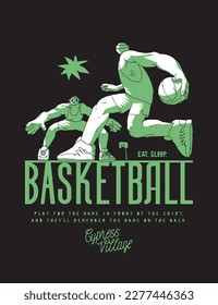 Basketball game action on the street court. Basketball characters silkscreen typography t-shirt print vector illustration.