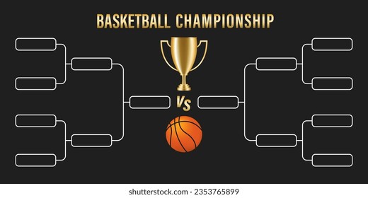 Basketball game. Basketball ball. Tournament grid. Scheme of the basketball championship with a trophy cup. Championship and World Cup. Gold elegant sport game. Sports game. Vector illustration