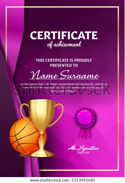 Basketball Game Certificate Diploma Golden Cup Stock Vector (Royalty ...