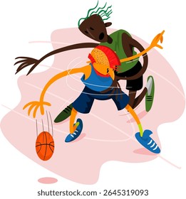 Basketball Game: Competition and Sport. stylized illustration depicting two basketball players in action.