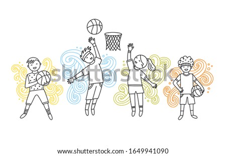 Basketball game cute vector set with children. Boys and girls with sport balls and decorative elements