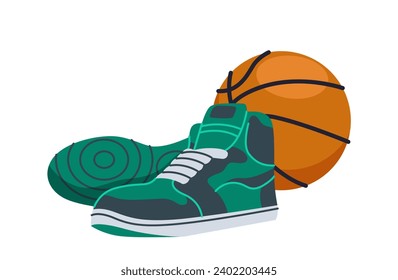 Basketball game element. Professional sports shoes or sneakers for an athlete. Orange ball for match. Competition or championship. Cartoon flat vector illustration isolated on white background