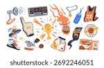 Basketball game elements set. Ball in net basket, scoreboard, whistle, sneakers and jersey, sports match ticket, trophy cup, fan foam finger. Flat vector illustration isolated on white background