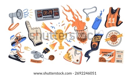 Basketball game elements set. Ball in net basket, scoreboard, whistle, sneakers and jersey, sports match ticket, trophy cup, fan foam finger. Flat vector illustration isolated on white background