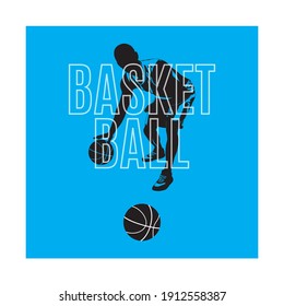 Basketball game emblem, label, print, t-shirt design, vector illustration. Basketball dribbling, bouncing technique. Typography sport poster, banner or flyer template.