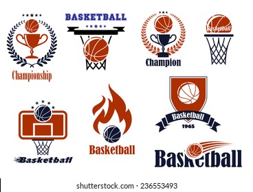 Basketball game emblems and banners set with ball, basket, wreath, ribbon,trophy and fire design elements