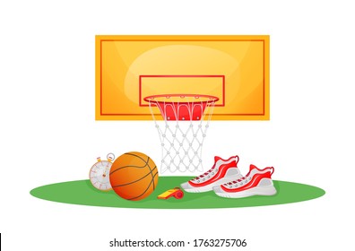 Basketball game flat concept vector illustration. Professional gear to play match on court. Hoop ring for ball. Sports equipment 2D cartoon objects for web design. College game arena creative idea