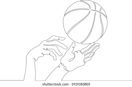 Basketball game. Hands reach out to grab the basketball in the game. Basketball ball. One continuous drawing line  logo single hand drawn art doodle isolated minimal illustration