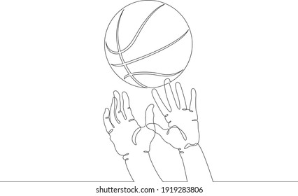 Basketball game. Hands reach out to grab the basketball in the game. Basketball ball. One continuous drawing line  logo single hand drawn art doodle isolated minimal illustration