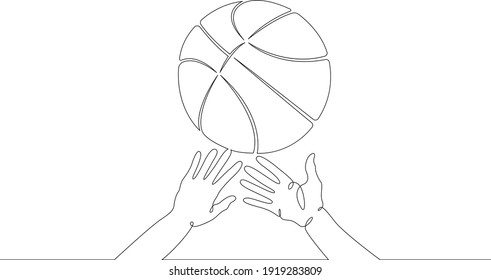 Basketball game. Hands reach out to grab the basketball in the game. Basketball ball. One continuous drawing line  logo single hand drawn art doodle isolated minimal illustration